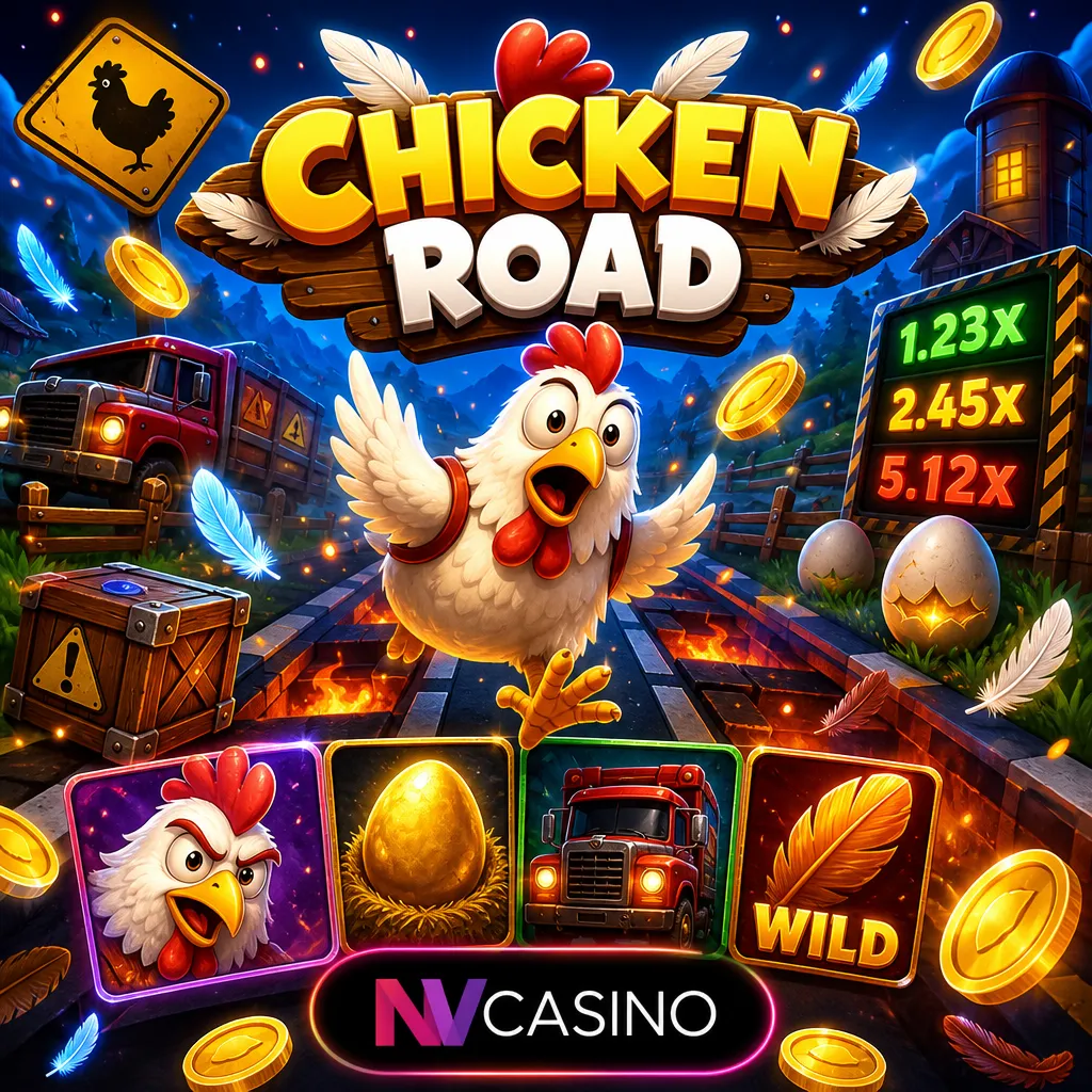 Playful Chicken Road slot game image featuring chickens on a road with colorful symbols and game elements.